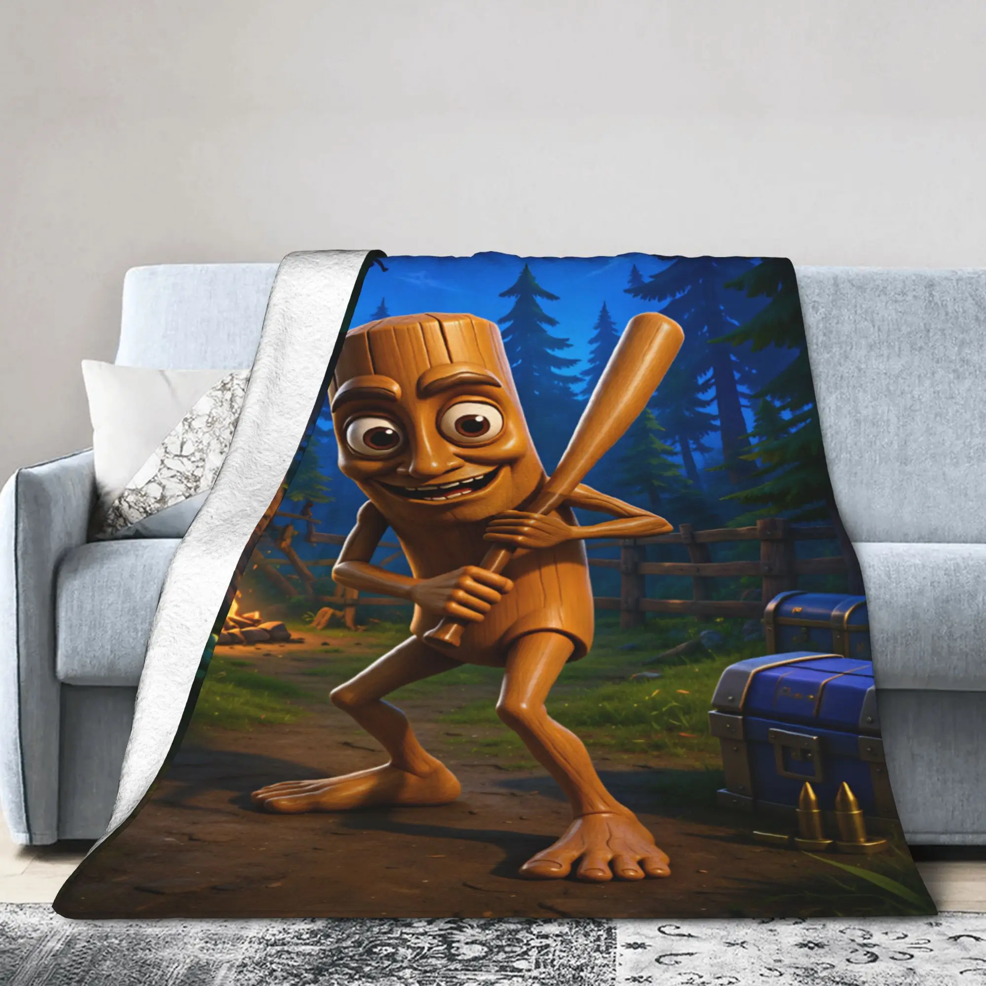 Tung Cartoon Character Holding Baseball Bat Forest Scene Soft Cozy Blanket Throw Blanket Home Decor Flannel Bedspread Sofa Cover