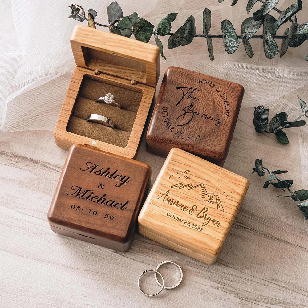 

Personalized Walnut Wooden Ring Box, Engagement Wedding Ring Holder Gift for Couples Brides, and Grooms Double Slots Ring Box