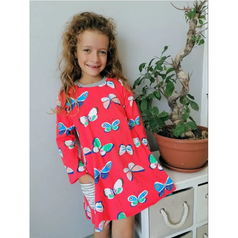 Jumping Meters 3-12T Long Sleeve Autumn Girls Pockets Cotton Clothing Butterflies Print Party Girls Dresses