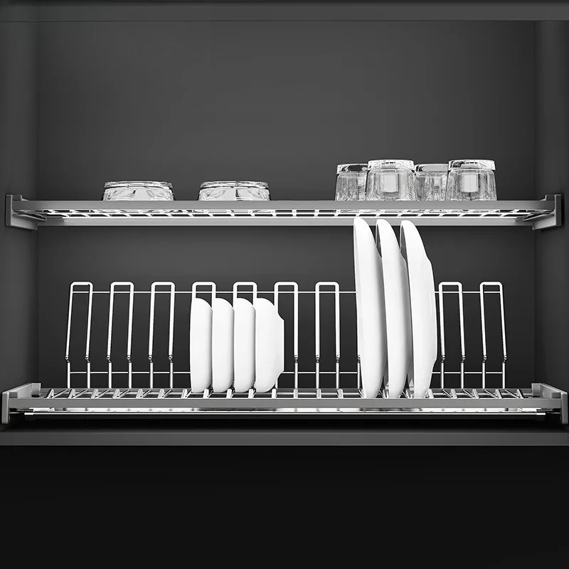 

Навесная полка для посуды. Встроенная двухуровневая сушилка для посуды в шкафу.