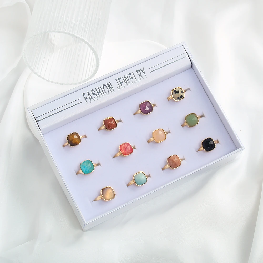 New 12pcs Mixed Color Peak Cut Natural Stone Ring Face Tiger Eye Amethyst Adjustable Open Ring Box Personalized Ring Set Gift