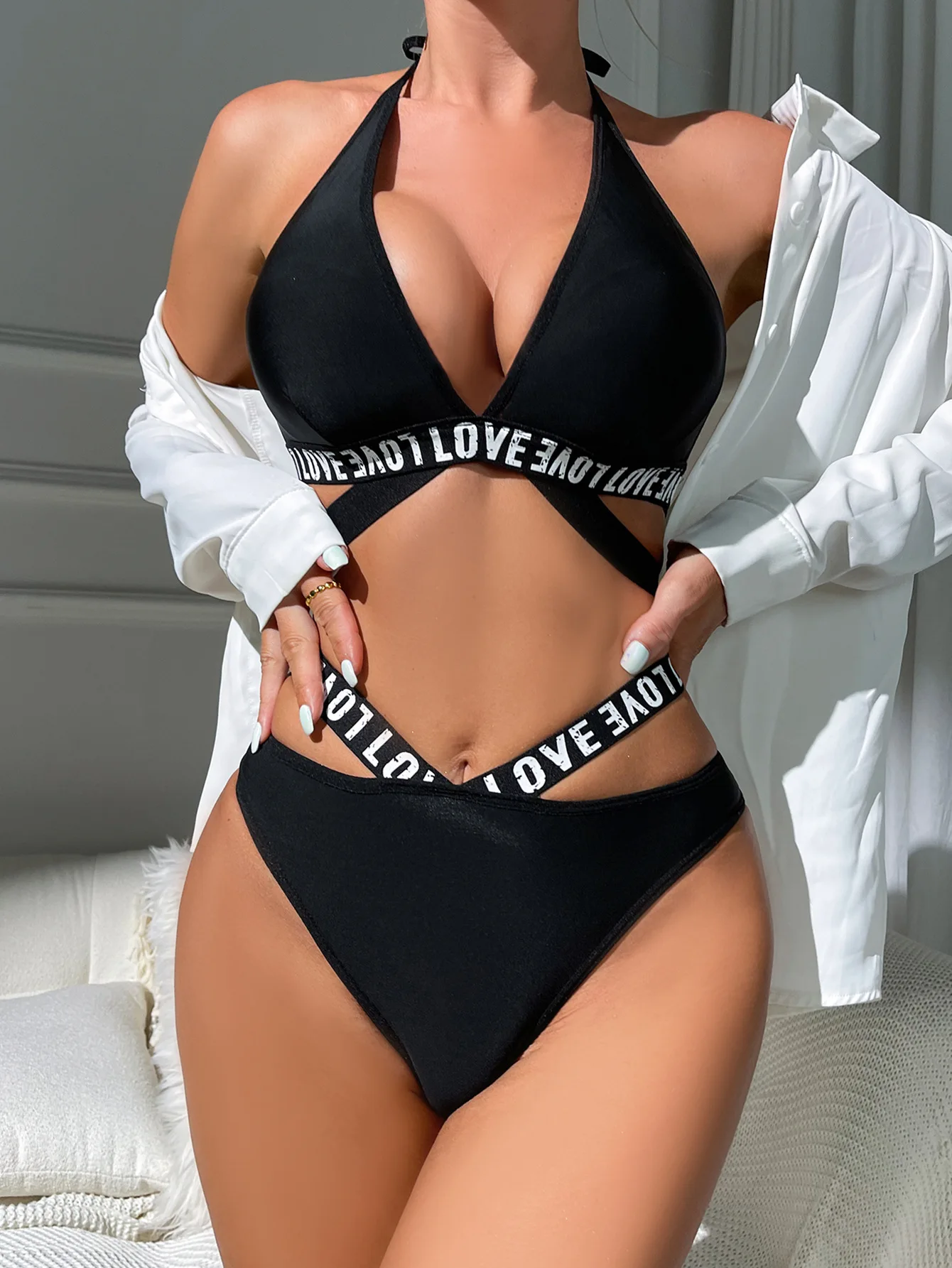 

sexy Letter lingerie set woman's hollow out bikini Sport style comfortable underwear erotic T panties Bandage bra 2-piece Pajama
