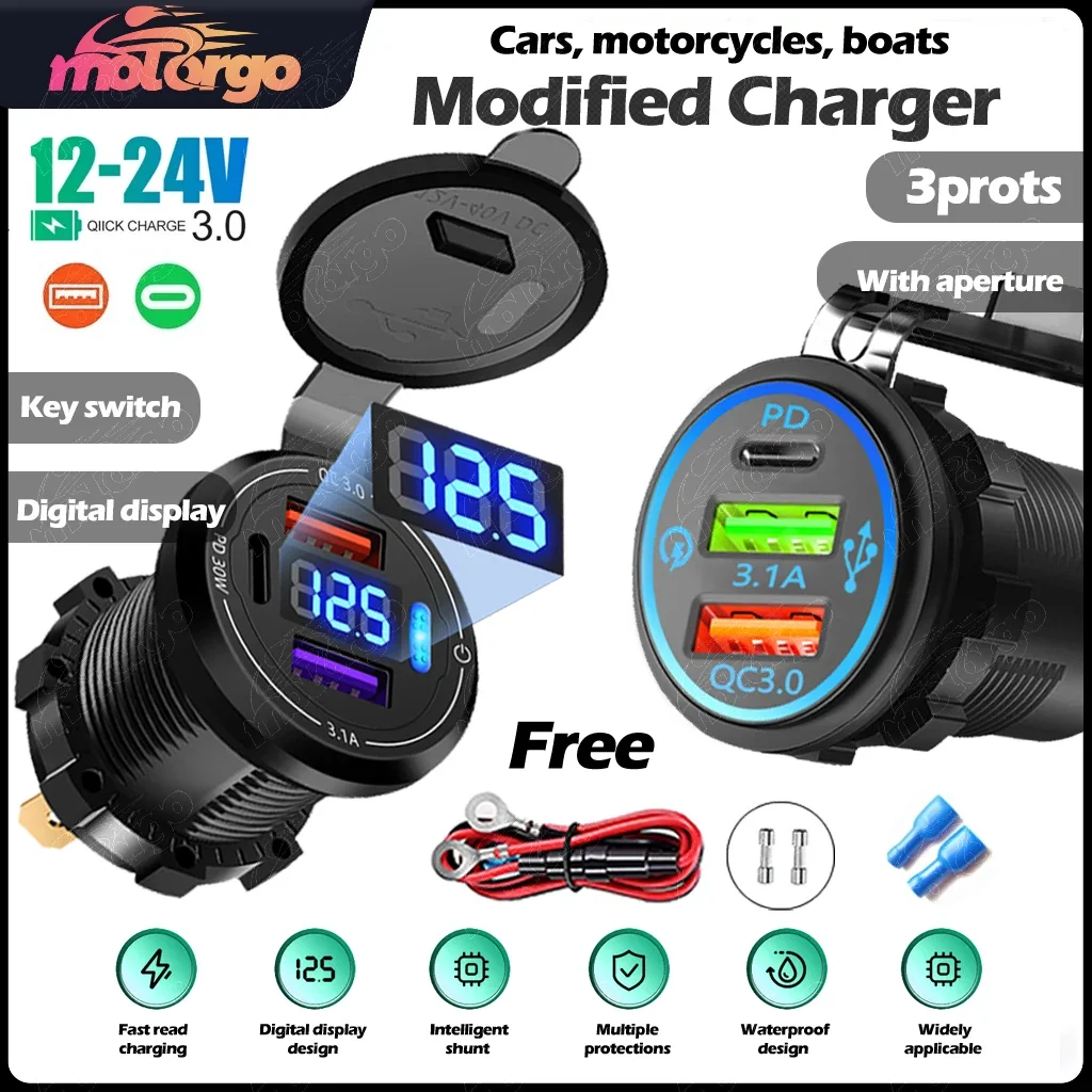 USB Car Charger 12/24V Dual Socket PD3.0 & QC3.0 Car USB Port with LED Voltmeter And On/Off Switch Auto Vehicle Charging Station