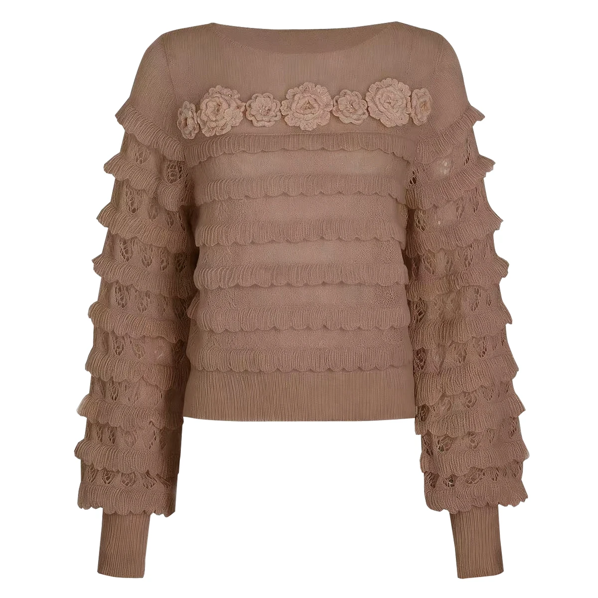 

2625 New Spring Autumn Women Lace Hollow Out Knit Top 3d Flower Design Long Sleeve Pullover Elegant Fashion Commute Outfit