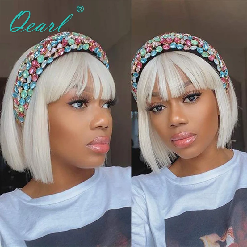 

Straight Lace Top Wig Real Human Hair Wigs with Bangs White Blonde Colored Lace Front Wig Bob 613 Glueless Easy to WEar QEarl