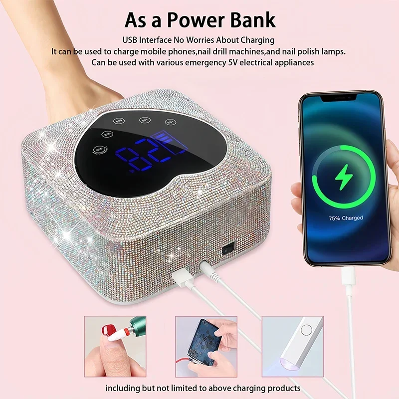 Lámpara LED UV para uñas, luz UV inalámbrica recargable de 72W para uñas con diamantes de imitación en forma de corazón, máquina de manicura y pedicura, herramientas para uñas