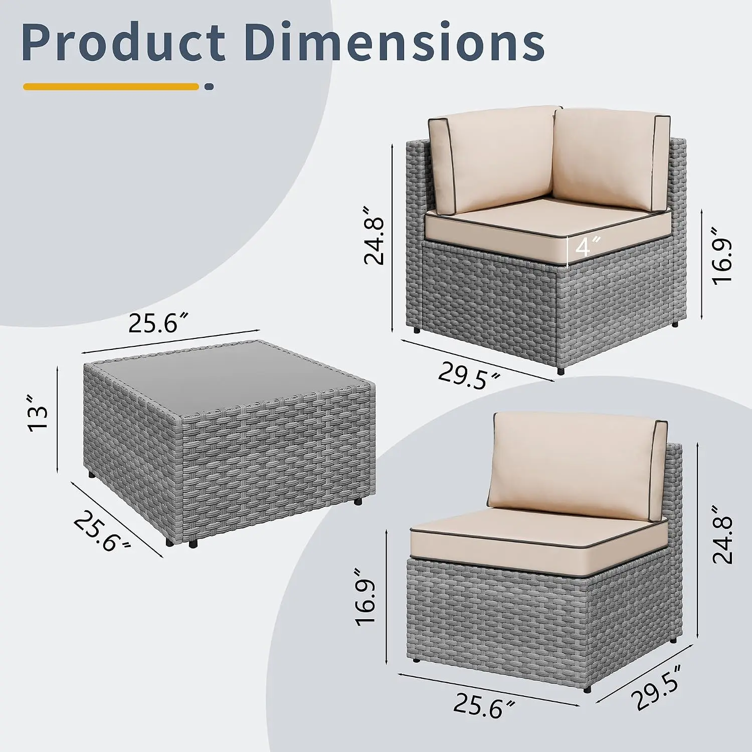 Outdoor Patio Furniture 5 Pcs Rattan Sofa Backrest Glass Table Washable Cushion Small Conversation Set Sectional Silver Khaki, C