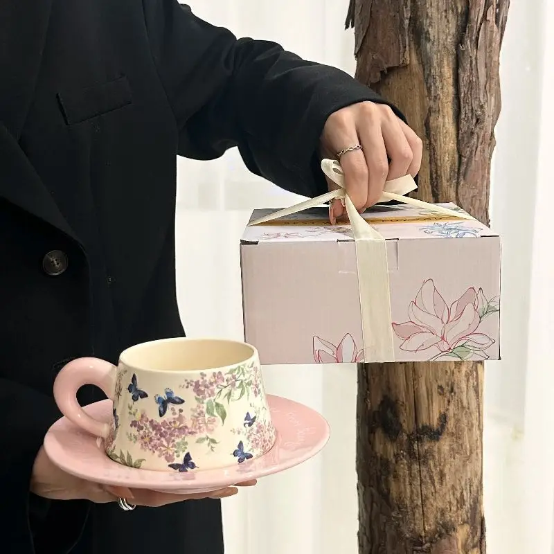 Vintage ceramic cups and saucers, crape myrtle flower oil painting coffee cup and saucer set, afternoon tea, latte mug,