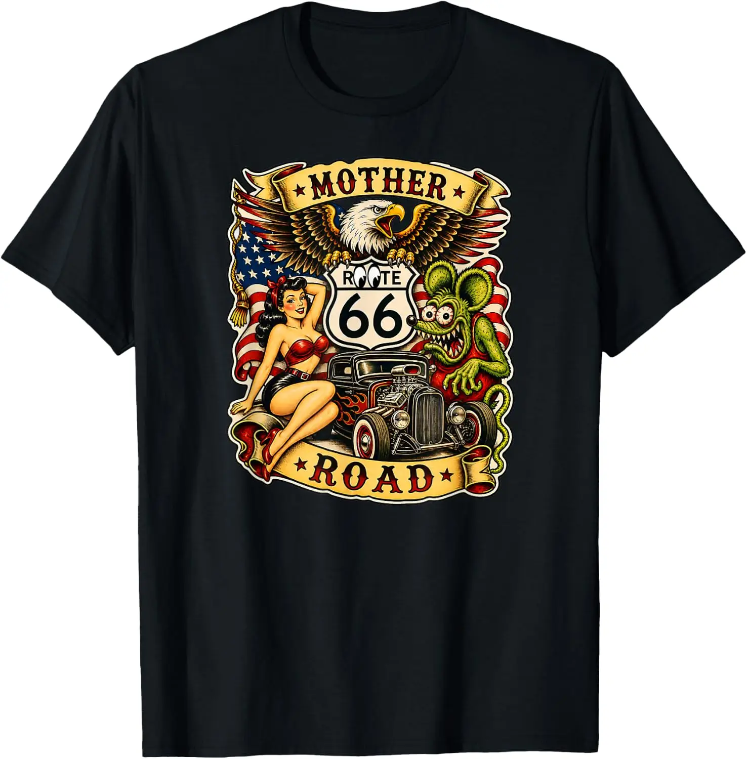 Rat Roote Highway 66 Fink Pinup Mother Road Hot Rod Retro T-Shirt 100% Cotton Trendy Y2K Short-Sleeve Tee – Soft, Quick-Drying,  Wrinkle Resistant Light Cotton Graphic Tshirt Soft Stretchy Casual Summer Short Sleeve
