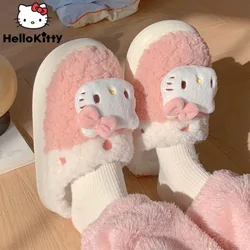 Sanrio Hello Kitty słodkie bawełniane buty do domu kreskówka Kuromi melodia słodkie puszyste kapcie Y2k kobiety jesień zima miękki pluszowy płaski but