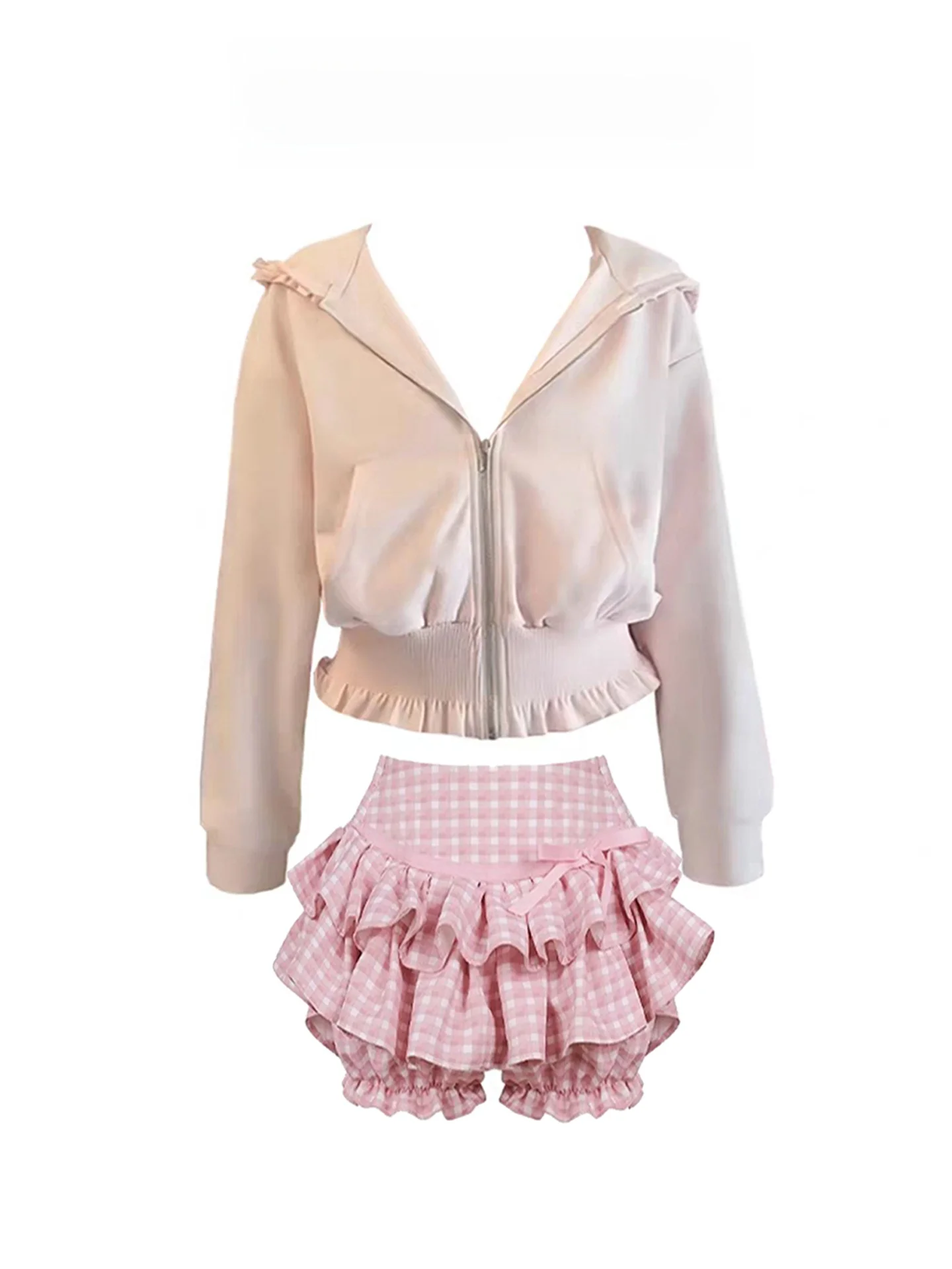

Korean Sle Sweet Hooded Jaet And Cake Skirt Two-Piece Set for Women Pink Plaid Autumn Faion Outfit High Waist Princ ...
