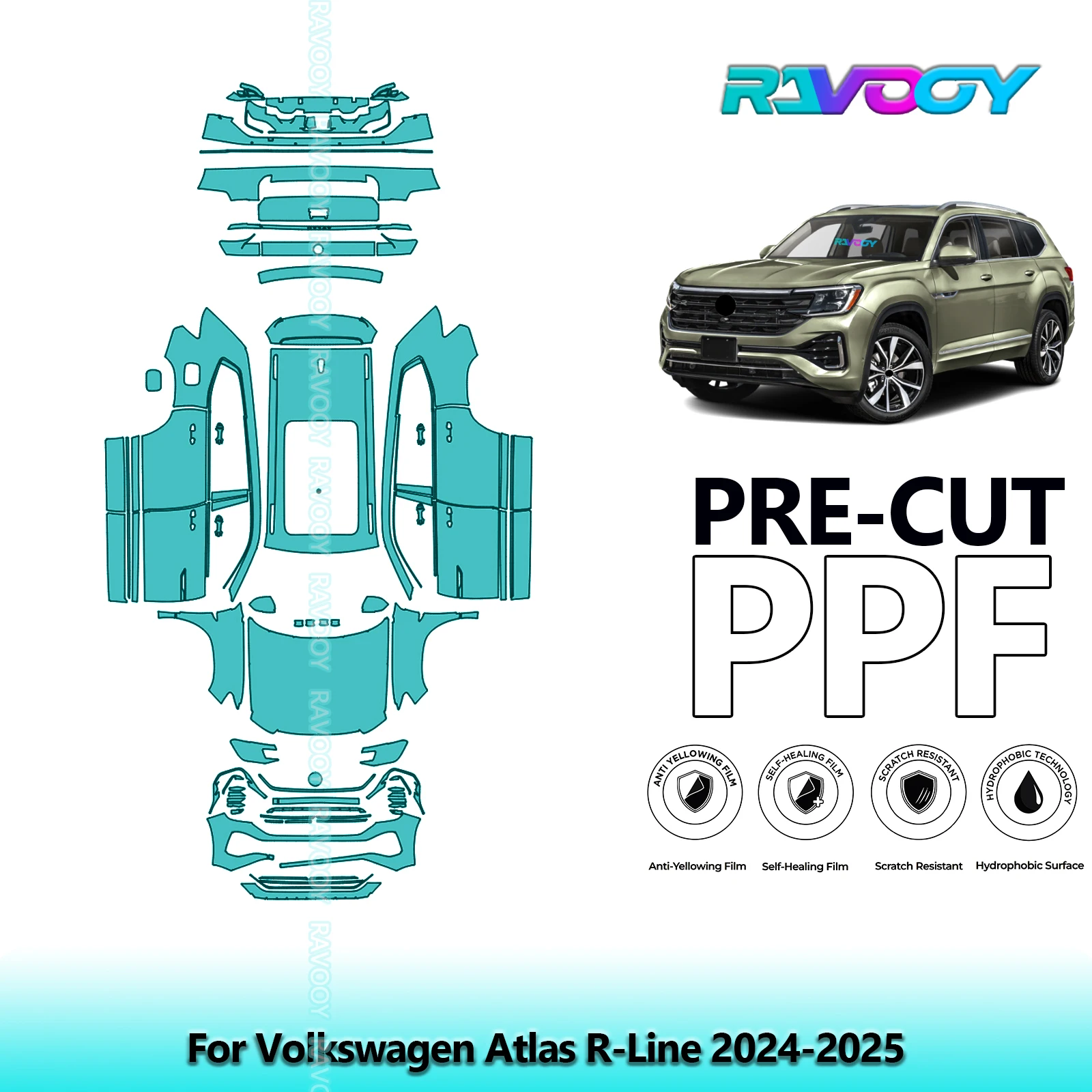 For Volkswagen Atlas R-Line 2024-2025 Full Body 8.5Mil Pre-Cut Paint Protection Film PPF Clear Bra Kit Clear/Matte/Black Options