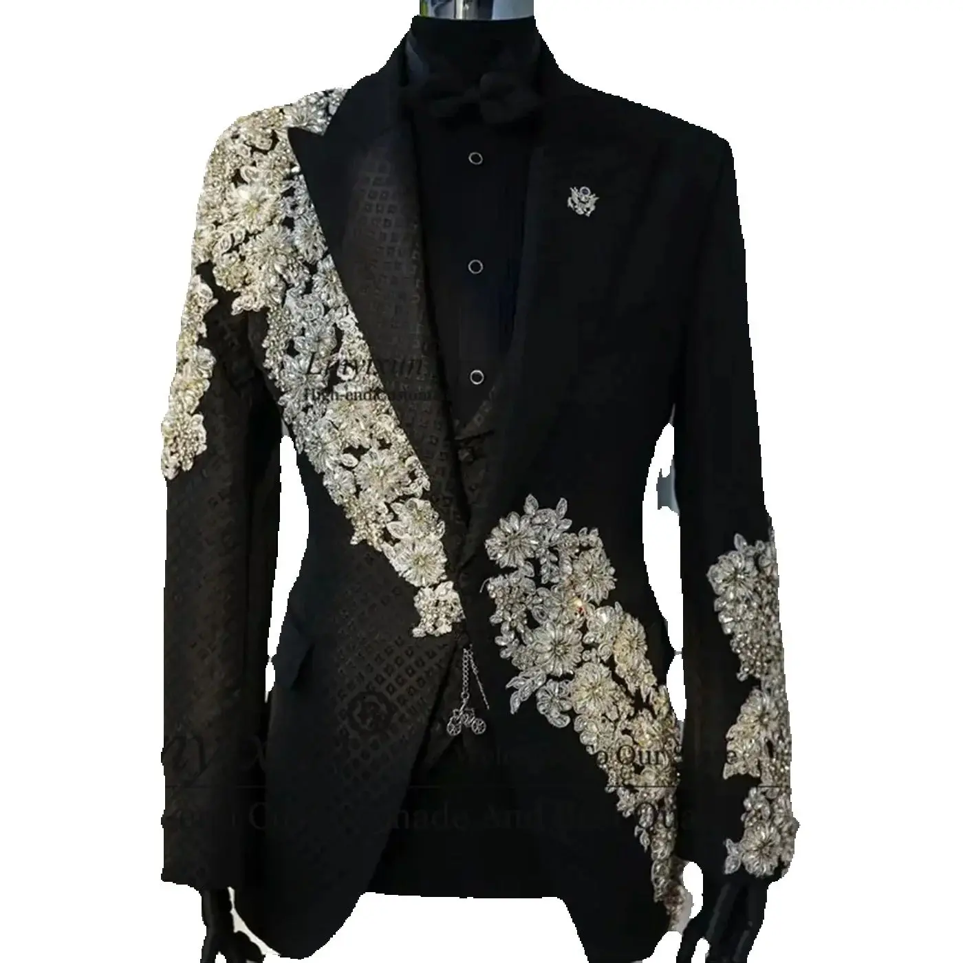 

Shiny Diamond Men Suits 3 Pieces Sets Groom Tuxedos Peaked Lapel Party Prom Blazer Customized Fashion Dinner Wedding ropa hombre