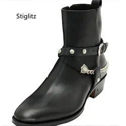 Metal Chain Buckle Strap Ankle Boots for Men Black Pointed Toe Zip Leather Men's Boots Stylish Med Heels Chelsea Boots Male Shoe