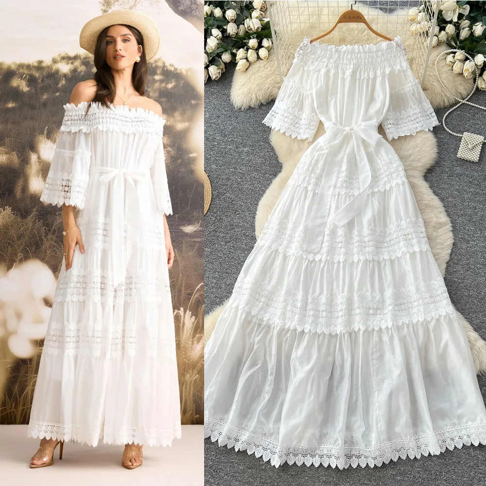 

Women Ruffles Dresses Solid Spliced Dress A Line Ankle Lenth Slash Neck Short Sleeve Waist Cinch Slim Causal Elegant 2026 Summer