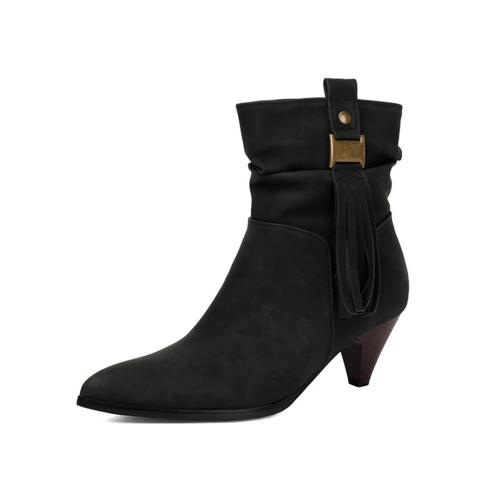 Women Pointed Toe Ankle Boots Tassel Decor Cone Heel Pleated Cuff Vintage Fashion Short Booties Plus Size 34‑48 6611