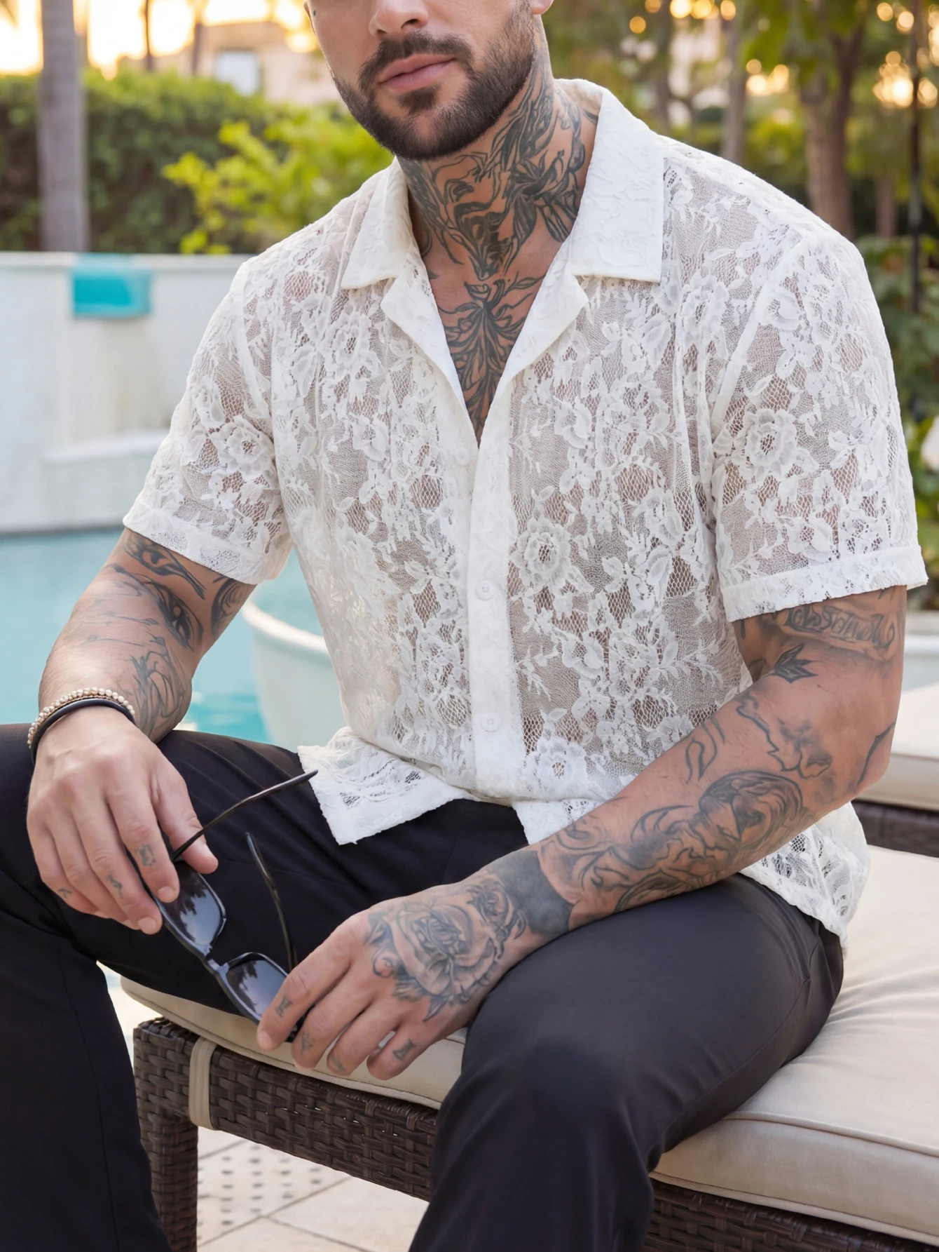 Men Mesh Shirt Lace Lapel Short Sleeve Streetwear 2026 See Through Casual Tops Sexy Party Nightclub Shirts Camisas S-2XL