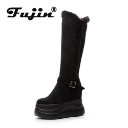 Fujin 12cm zamszowe skórzane buty damskie z mikrofibry platforma klinowe moda jesienne wiosenne buty do kolan zimowe pluszowe botki buty