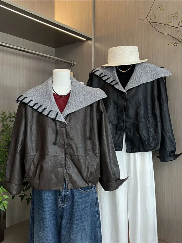 韓国 Sle ネイビーカラーニットスプライシングレザー Jaet 女性の秋の新デザインハイエンド Aosphere レザーコート