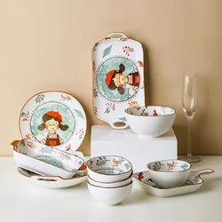 Nordic Dishes Ceramic Tableware Cute Fairy Tale Girl Pasta Plate Japanese Children's Tableware Bowl Cooking Dishes Dessert Plate