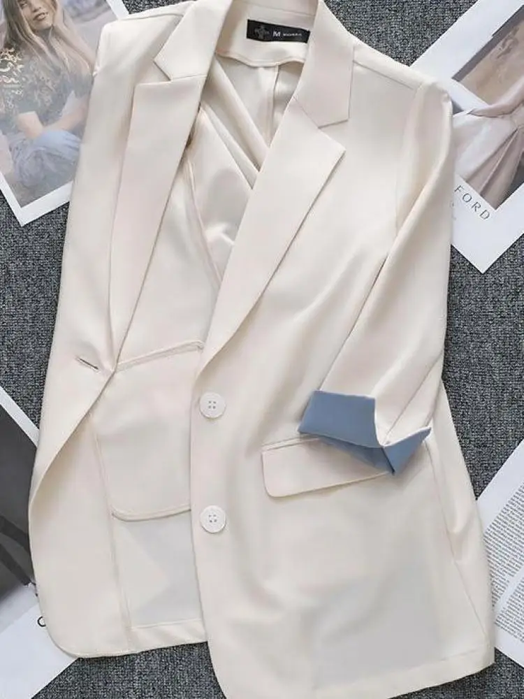 

Женский синий лоскутный однобортный пиджак в стиле ретро, весенне-осенний элегантный универсальный топ с рукавами три четверти, популярное пальто