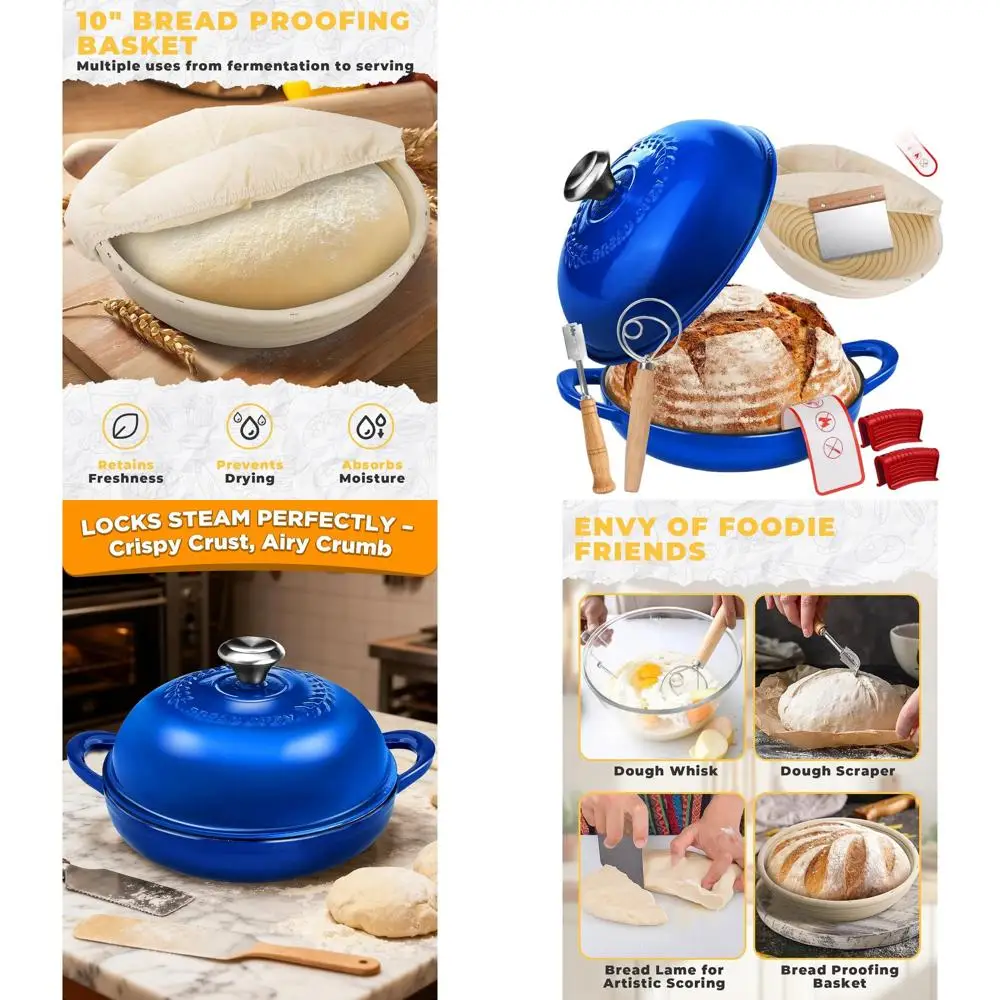 

Dutch Oven Bread Baking Pot with Lid 6QT Enameled Cast Iron Oven, Gradient Blue Design & Complete Sourdough Kit (Banneton Basket