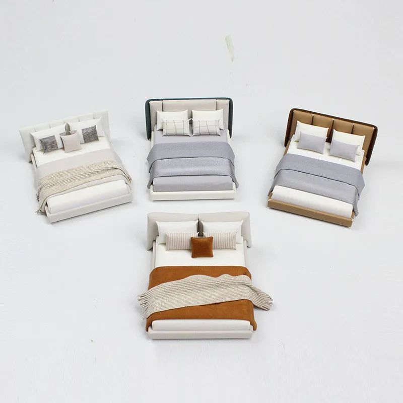 Dollhouse Mini Beds Double Beds Pillows Quilts Bedding Model DIY Construction Sandbox Scenes Indoor Mini Furniture Home Decor
