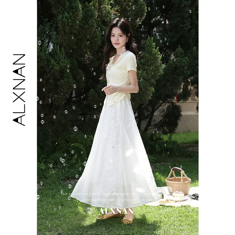 ALXNAN White Midi Skirt Women Summer 3D Floral Embroidered Long Skirts Fashion Holiday Beach High Waist Female Clothing L63571