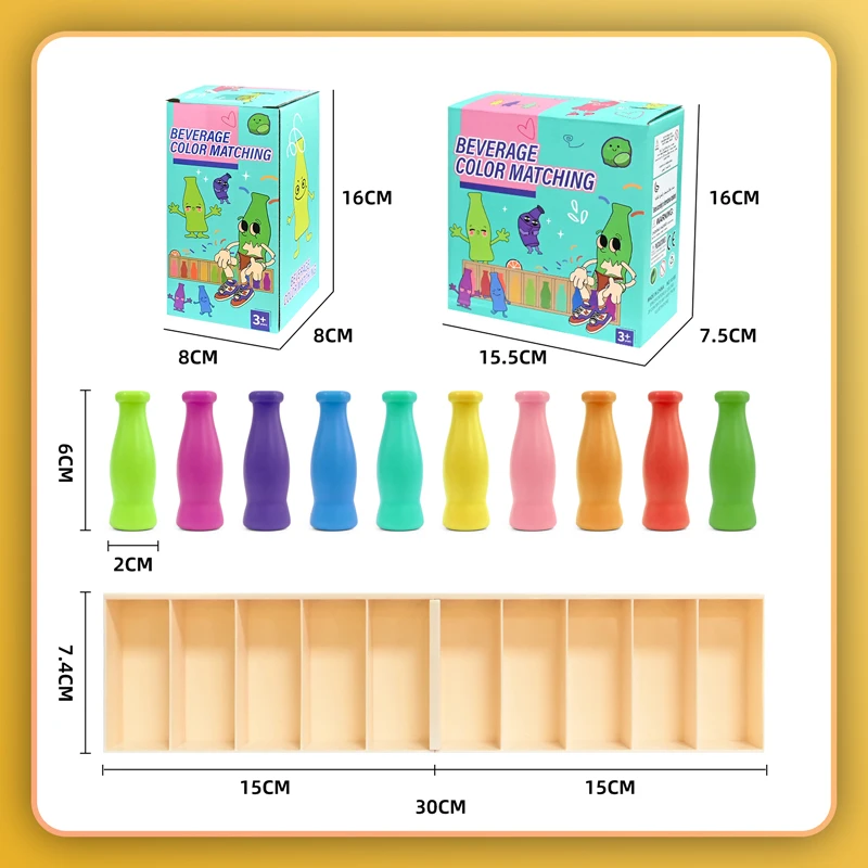 Hölzernes Farbklassifizierungsspiel, sensorisches Lernspielzeug, Montessori, Ratet mal die Farbe der Flasche, interaktive Eltern-Kind-Spiele