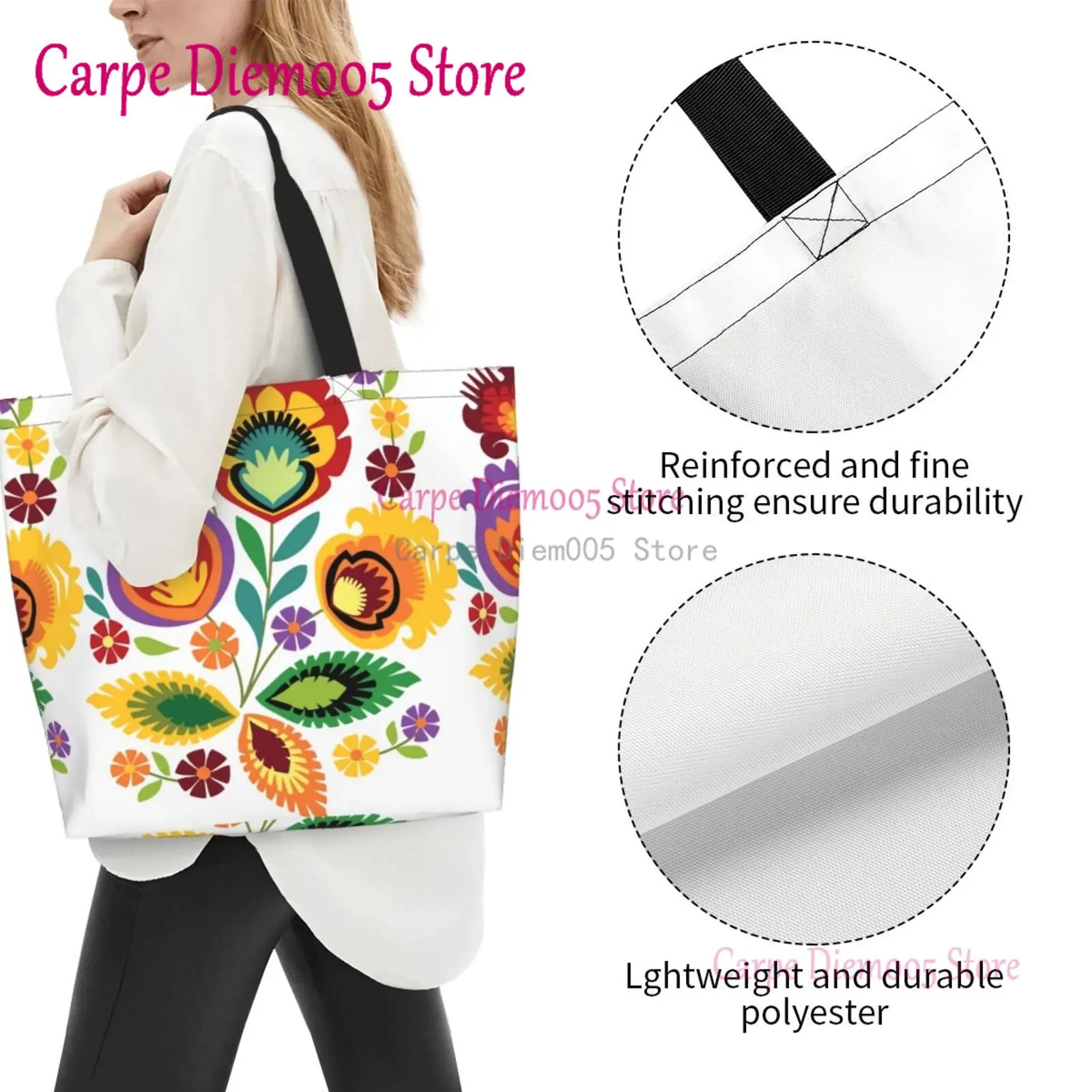 Polish Floral Folk Large Capacity Shopping Grocery Tote Bag For Ladies