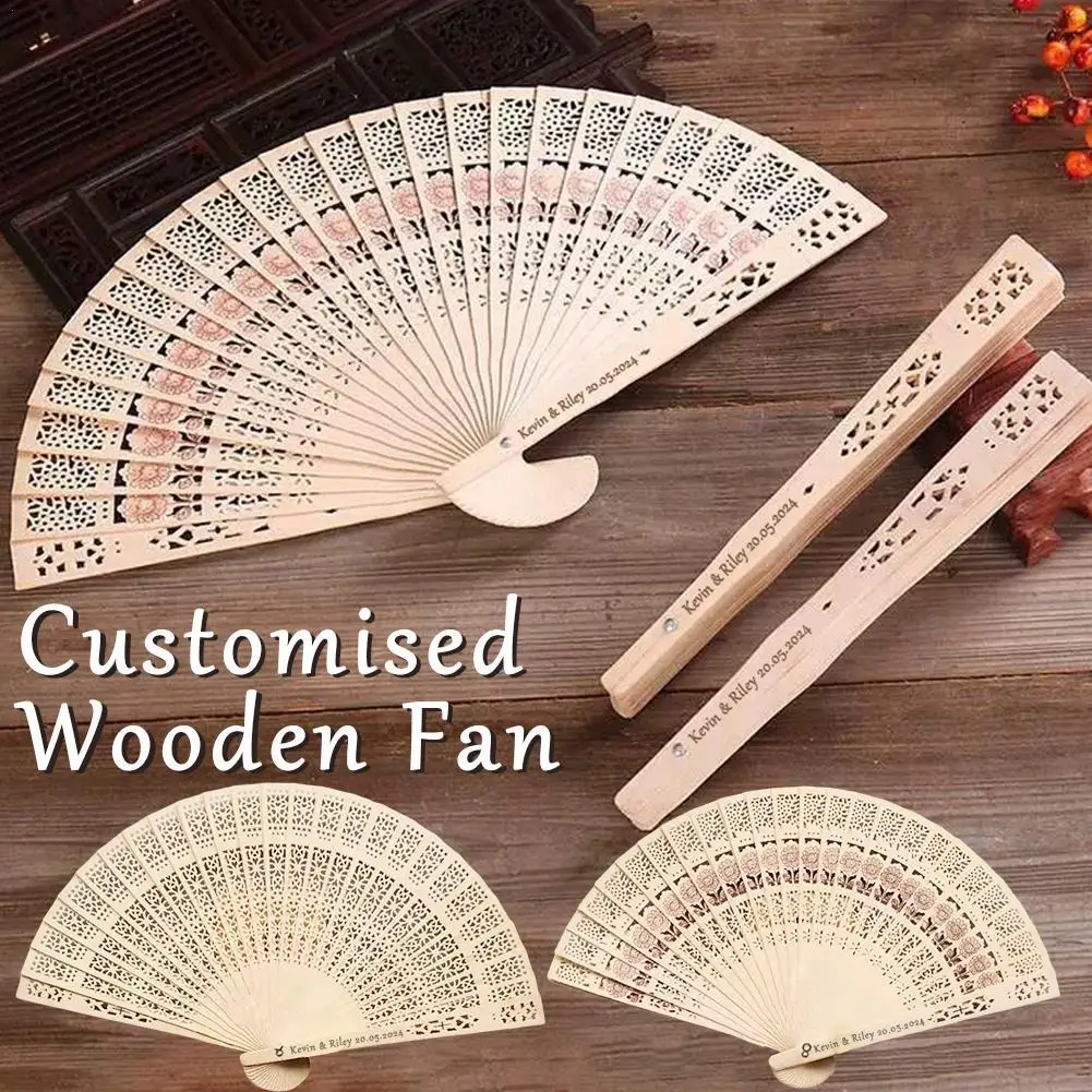 

20/50 Pcs Personalized Carved Wood Folding Hand Fans Customized Wedding Party Gift Decor Bridal Shower Gift With Eugen Bag