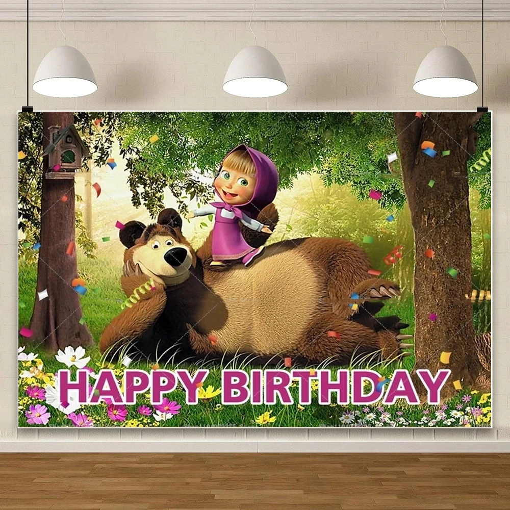

Mashas And Bear Party Backdrop Decoration Children 1st Birthday Background Baby Shower Vinyl Sign Banner Party Supplies