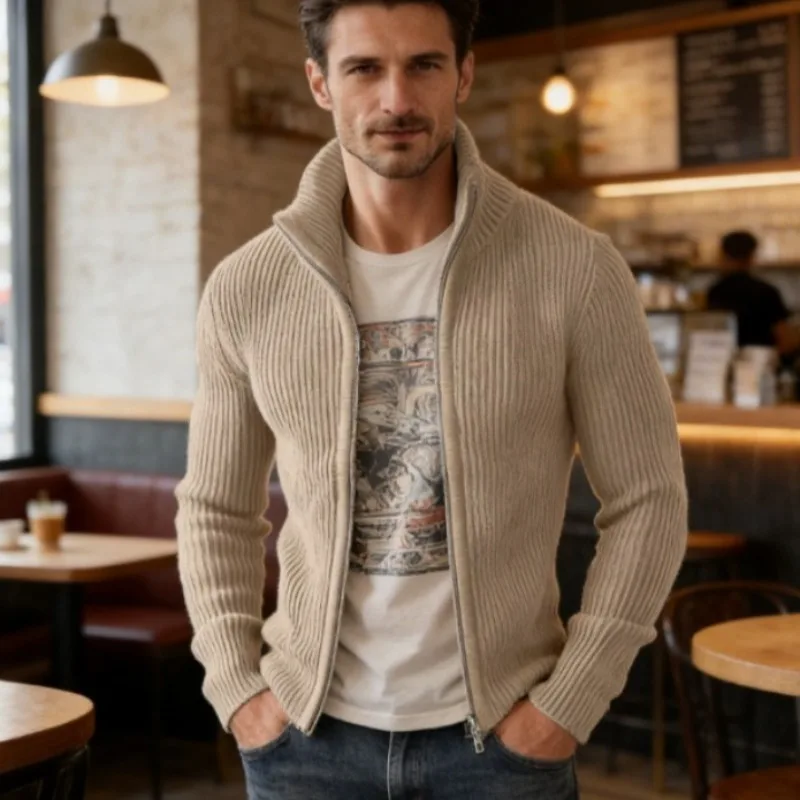 

Мужской кардиган нового стиля с застежкой-молнией, приталенный крой, воротник-стойка в рубчик, длинный рукав, однотонный, универсальный, элегантный жакет