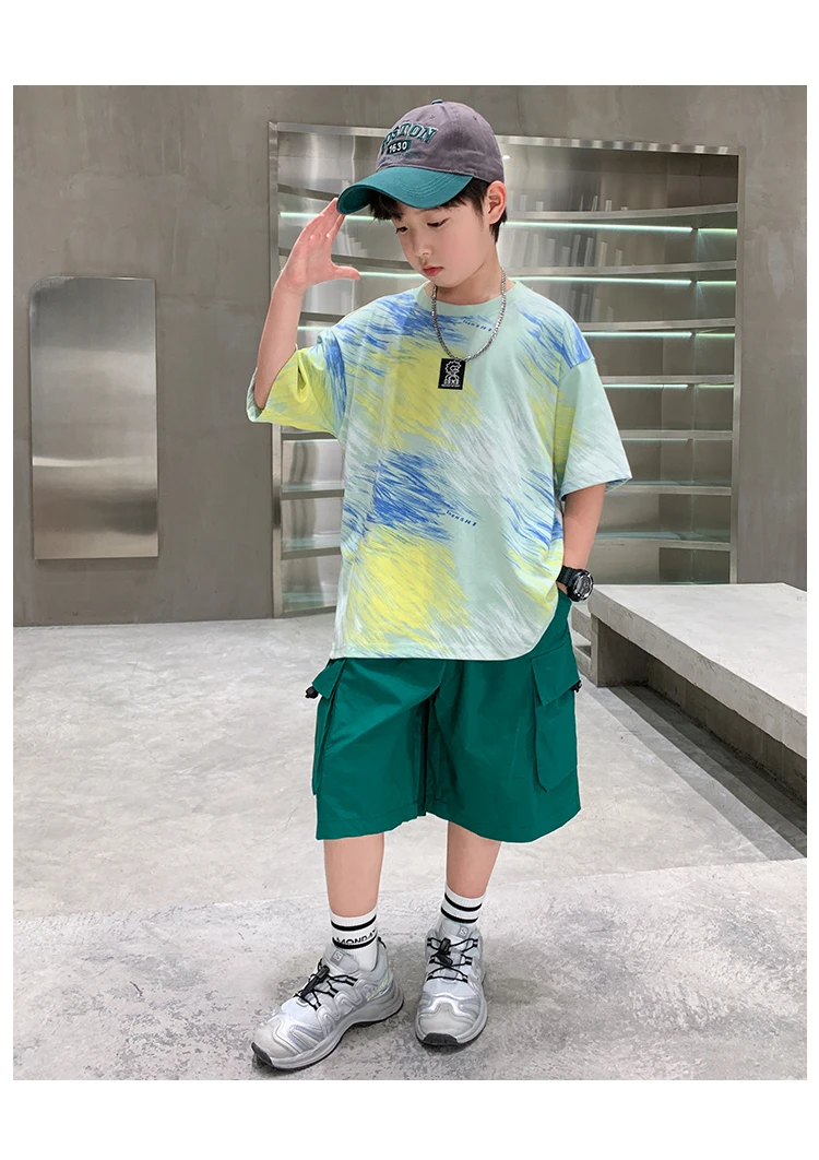2-teiliges Set für Jungen im Alter von 5-14 Jahren, Teenager-Kinderbekleidung, neuer Sommeranzug für Kinder, Kurzarm-T-Shirt + Shorts, lässiges Street-Outfit. – Detail 10