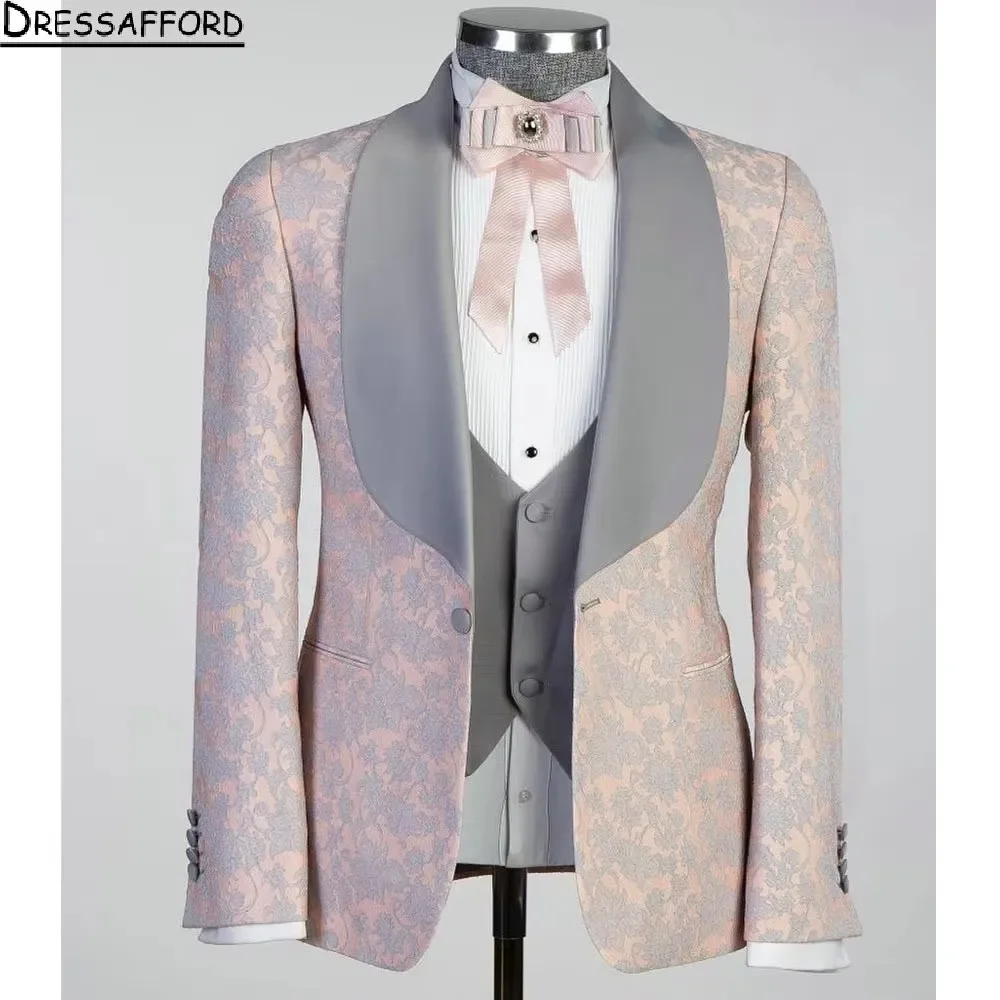 Pink Formal Evening Party Men Suits Floral Jacquard Weave Three Pieces Groom Wear ( Jacket + Vest + Pants )