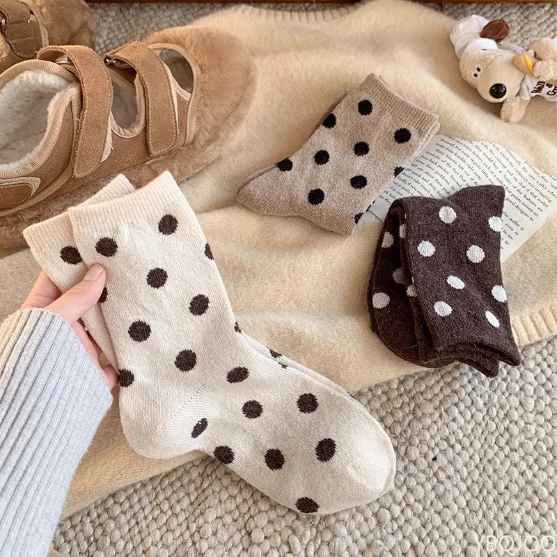 

6 пар повседневных удобных женских носков средней длины в горошек, осенне-зимние толстые теплые носки, модные женские носки