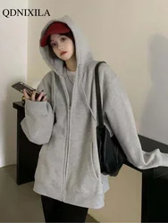 2024 Spring New Women's Sweatshirts Hoodies Zip Korean Streetwear y2k Oversize Loose top Lazy Vintage Gray Jacket Woman Clothes