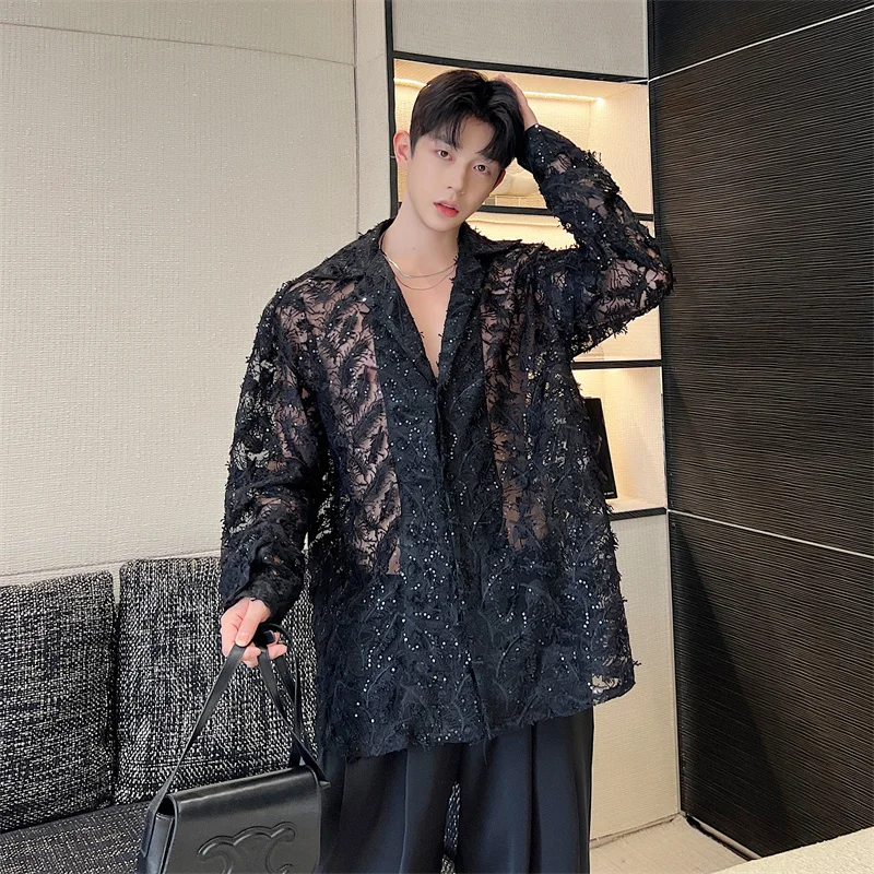 Sexy Men Shirts Black Feather Hollowed Out Sequin Lapel Long Sleeve Streetwear Transparent Button Men Clothing Fashion Camisas