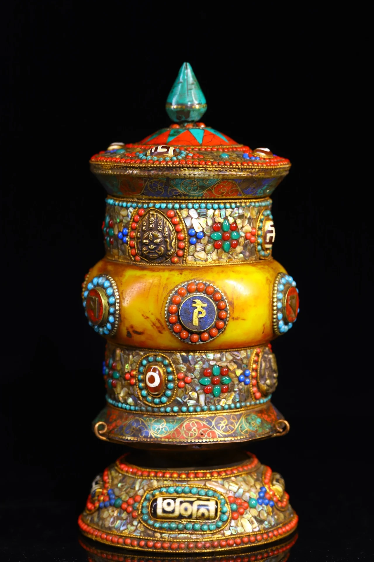 

8"Xizang Folk Collection Old Bronze Mosaic Gem gZi Bead Turquoise Prayer Wheel Old Scripture Amulet Worship Hall Town house