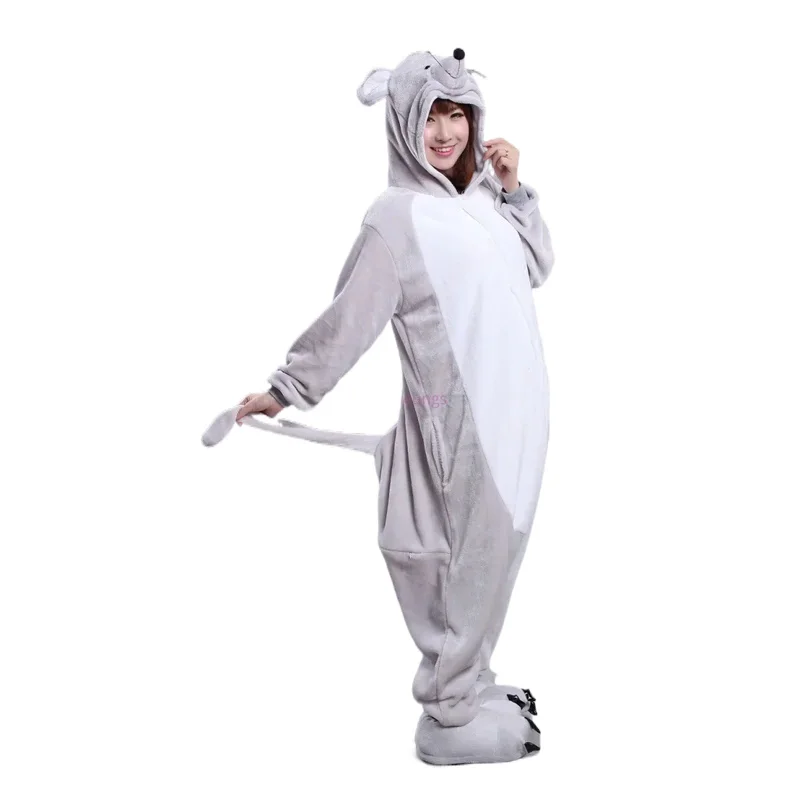 الكبار الفانيلا Kigurumi الحيوان زي رمادي الفئران الفئران المرأة أو الرجال نيسيس بيجامة لحفلة الهالوين كرنفال