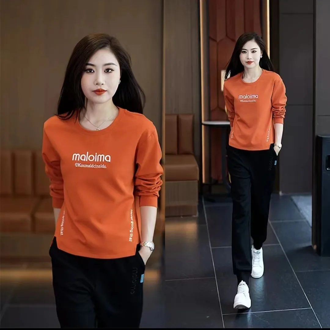 Slimming Effect Pure Color Letter Crew Neck Long Sleeve Women's Sweatshirt Casual Style Fashionable And Versatile Top