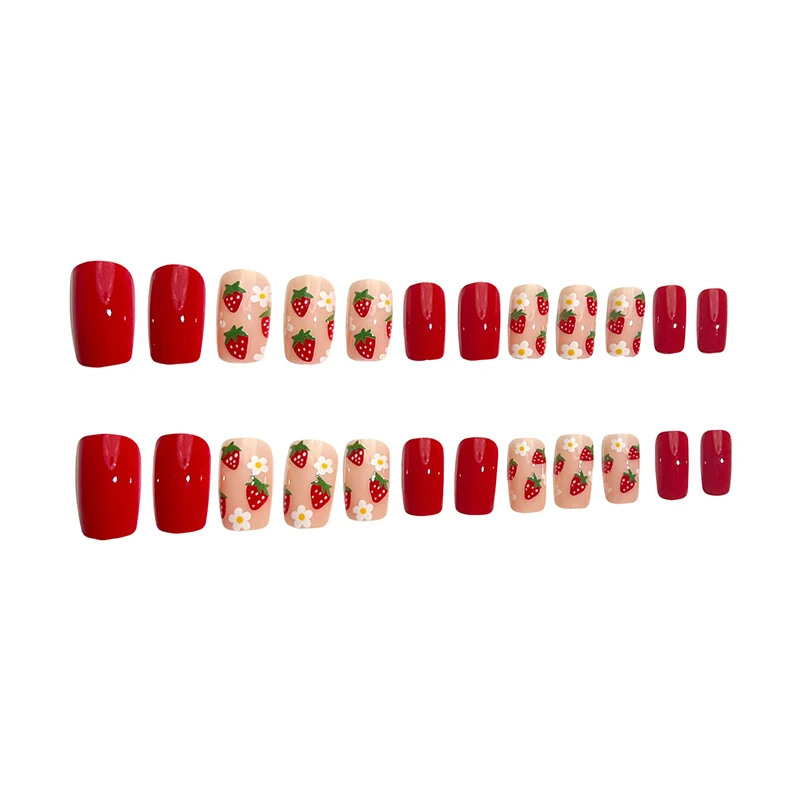 24Pcs Short Glossy Press on Nail fragola White Small Flower unghie finte stili multipli di piccoli fiori Nail Art staccabile