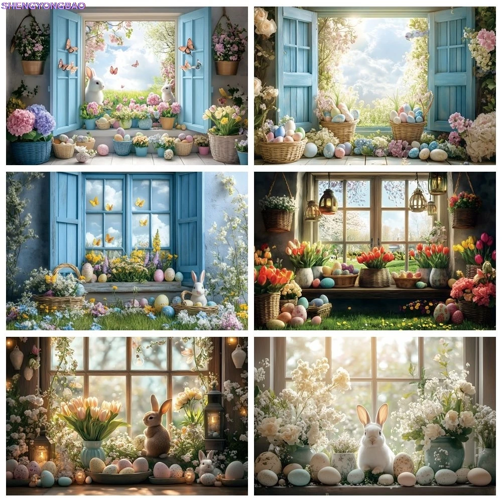

Spring Easter Day Theme Backdrop for Photography Wooden House Window Flowers Rabbit Bunny Eggs Birthday Party Photo Background
