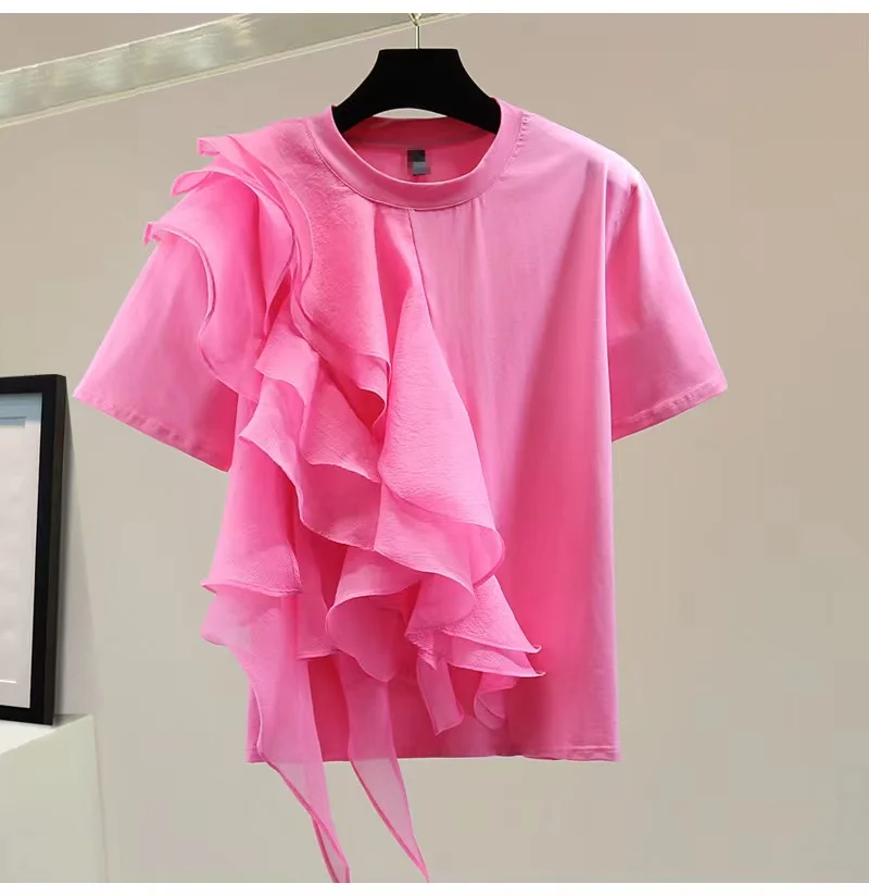 Ruffles Tassel New In 2024 Summer Cotton T-shirt For Women O Neck Solid Color Short Sleeve Tops Tees T Shirt Chic Sweet Tshirt