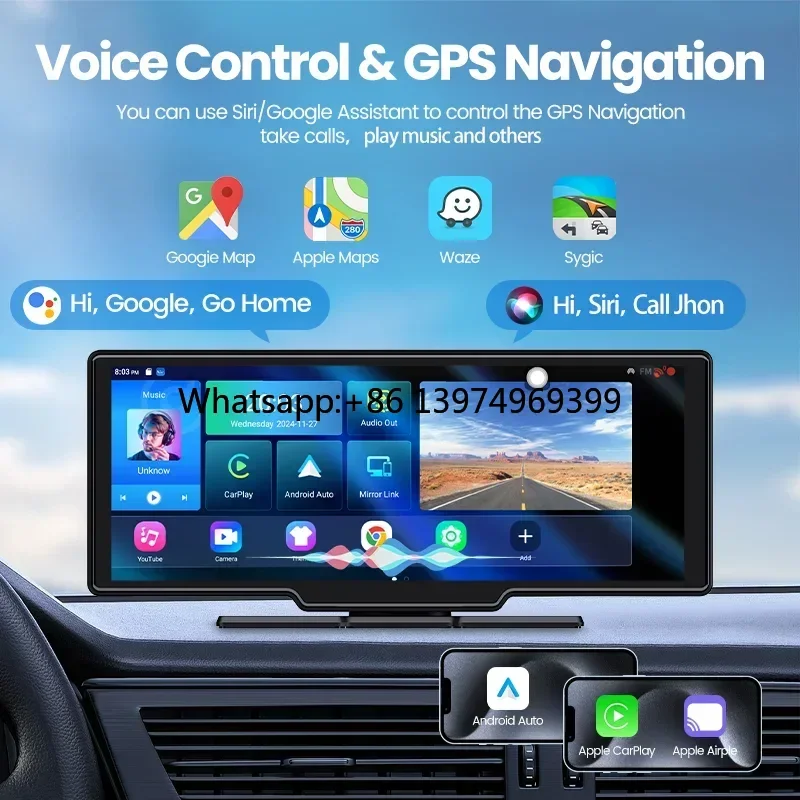 Maustor 10.26 Inch Android 14 Portable Wireless Carplay 6+128G 8 Core Universal Car Smart Screen With Wifi BT TF Card