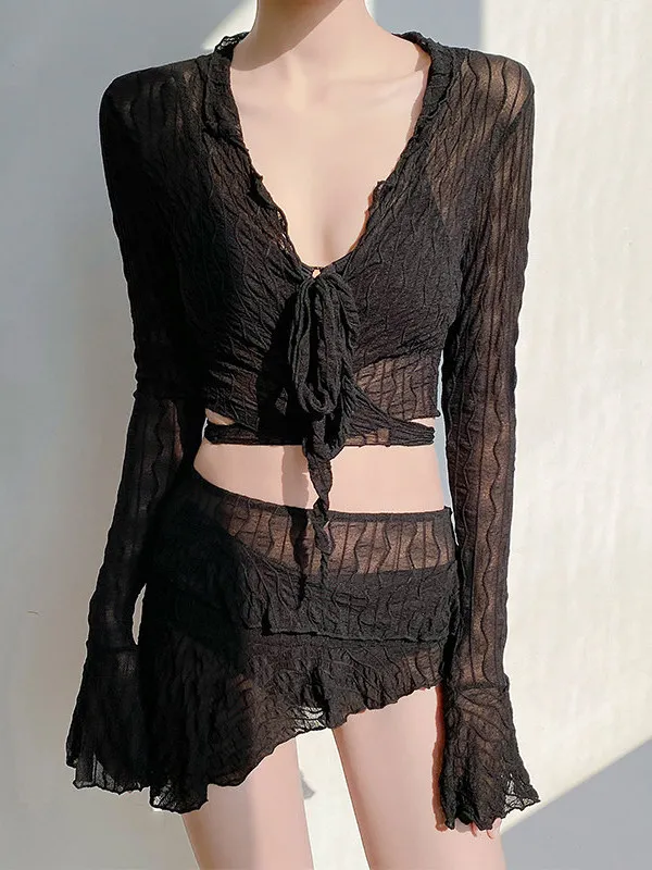 

Bikini Swimsuit Women's Four-Piece Set Long Sve Thermal Spring Split Slimming V-Ne Nylon Material Beach Playwear