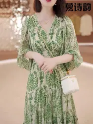 Green Chiffon Printed Dress 2026 Summer New Lantern Sleeves V-neck Waistband Style Mid Length Skirt