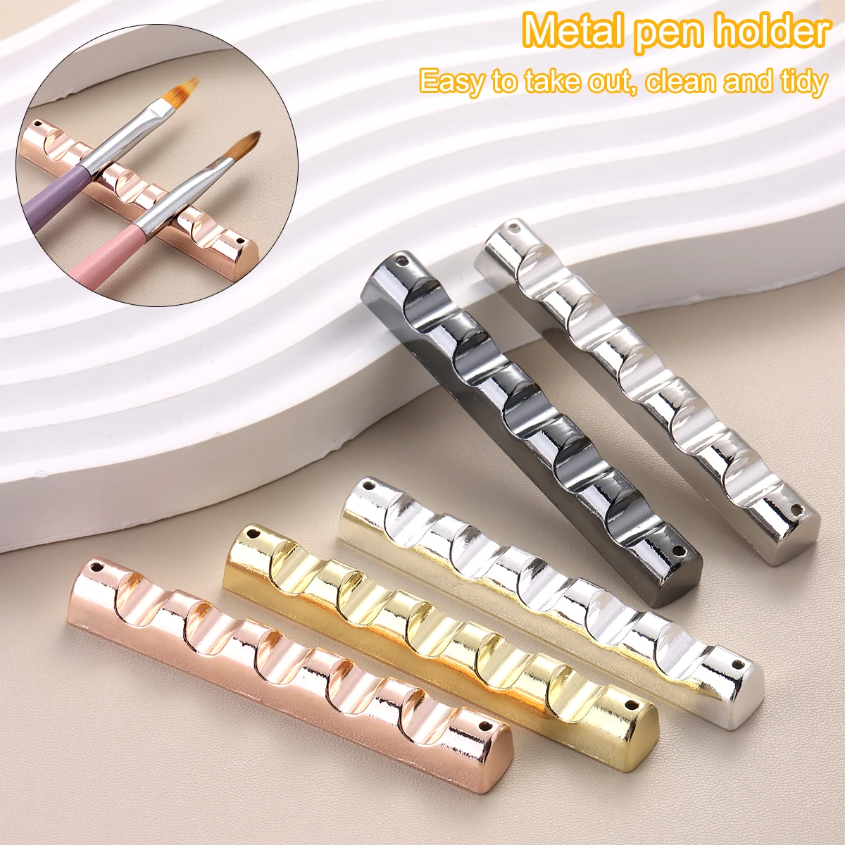 Metal Nail Art Brush Holder, Gold and Silver 5-Slot Nail Art Brush Holder Display Rack, a Tool for Storing Nail Brushes and Pens