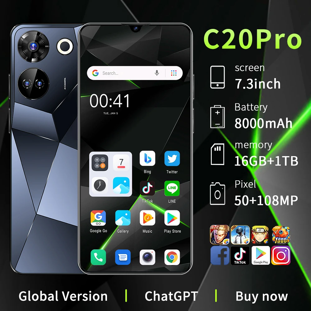 

[Free shipping] Global C20 Pro 5G Smartphone Android13 256GB/1TB 8000mAh Cellphone 50MP+108MP Camera 7.3 inch Deca Core phone