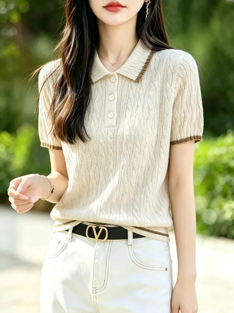 

Slimming Effect 14-Needle Knitted Short Sleeve Collar Women's Top Versatile Summer Knitwear Casual Soft Fabric